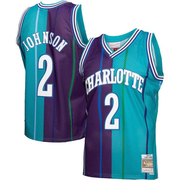 Men's Charlotte Hornets #2 Larry Johnson Teal/Purple Split 1992-93 Mitchell & Ness Swingman Stitched Jersey